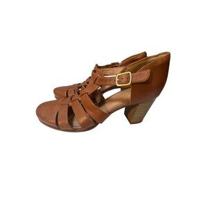Clarks Womens Brown Leather Strappy Heeled Sandals Size‎ 9 With Buckle Closure
